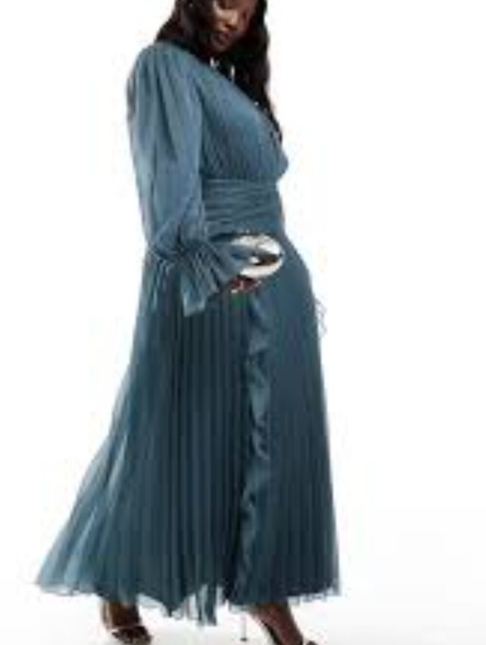 ASOS Design Curve Pleated Long-Sleeve Ruffle Maxi Dress - Slate Blue